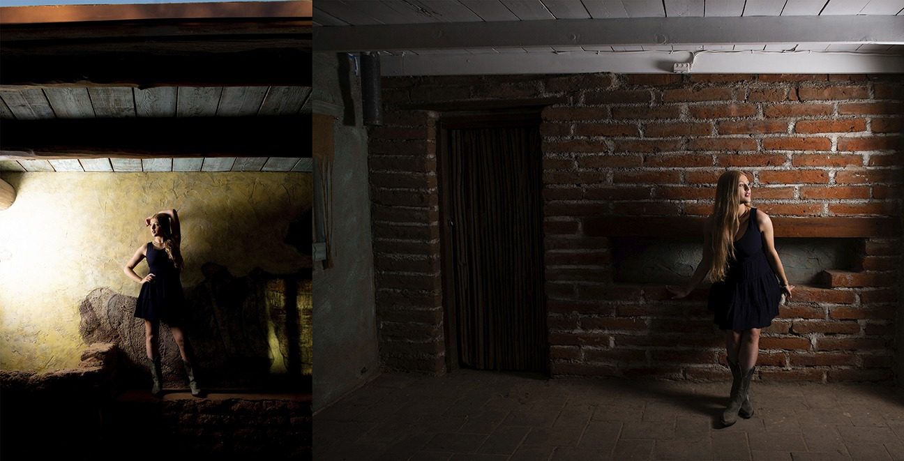 Tucson high school senior girl on yellow wall and with brick